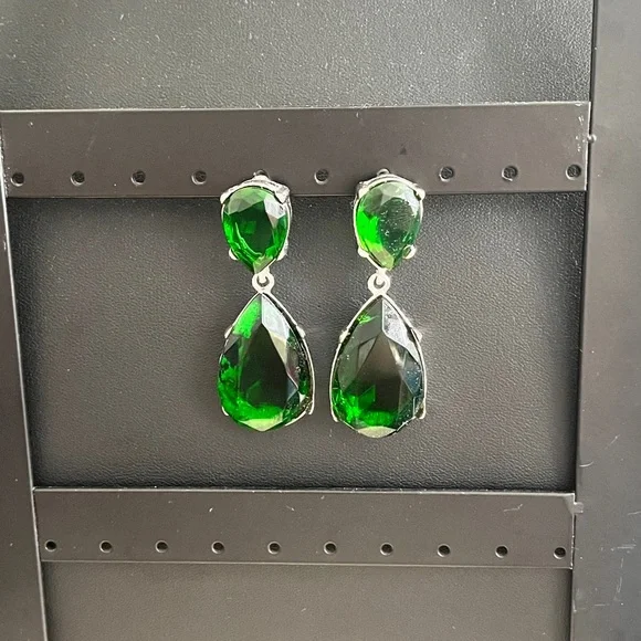 Kenneth Jay Lane Emerald Green Crystal Silvertone Teardrop Post Earrings - Picture 2 of 6